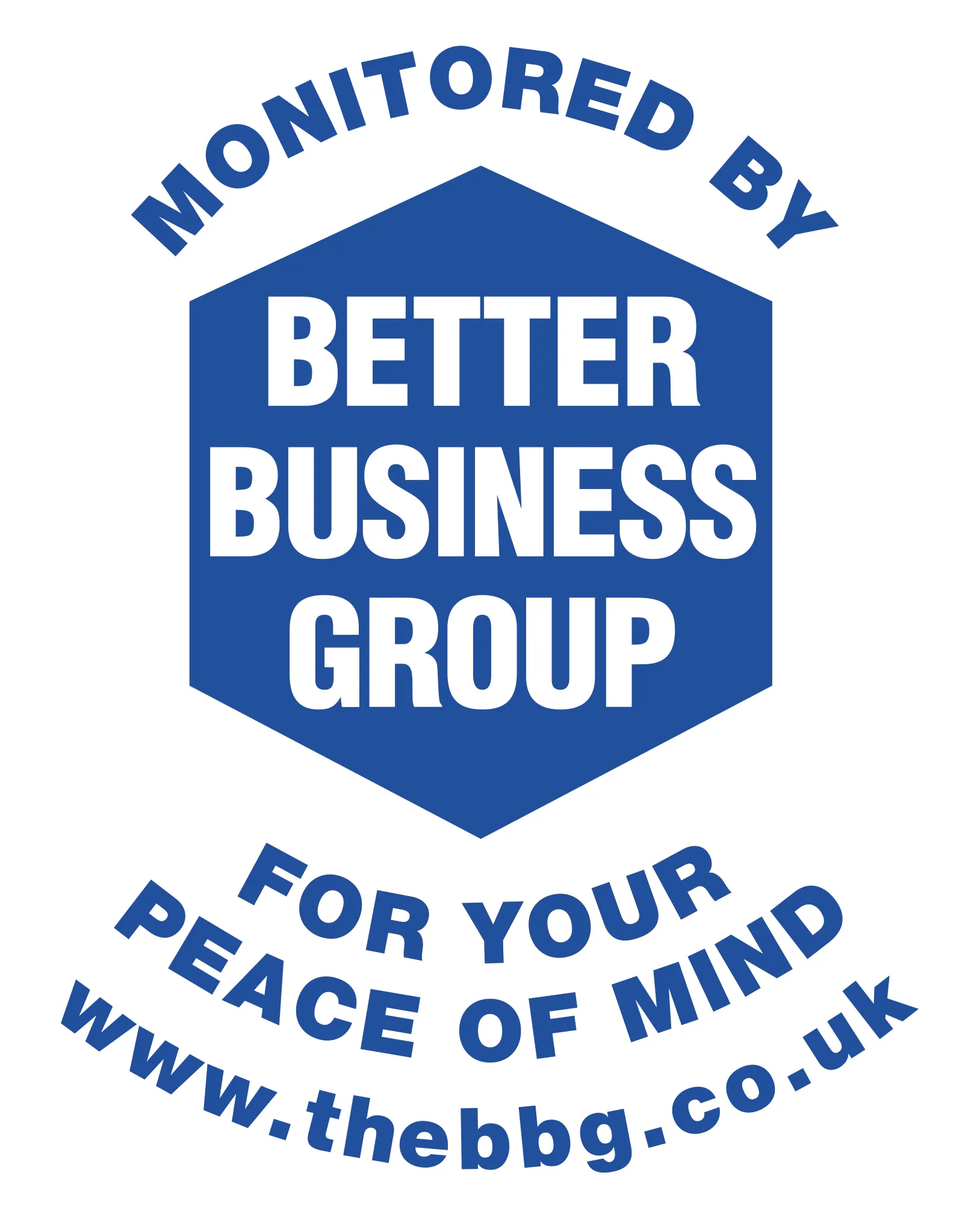 A blue and white logo with the words, better business group for your peace of.